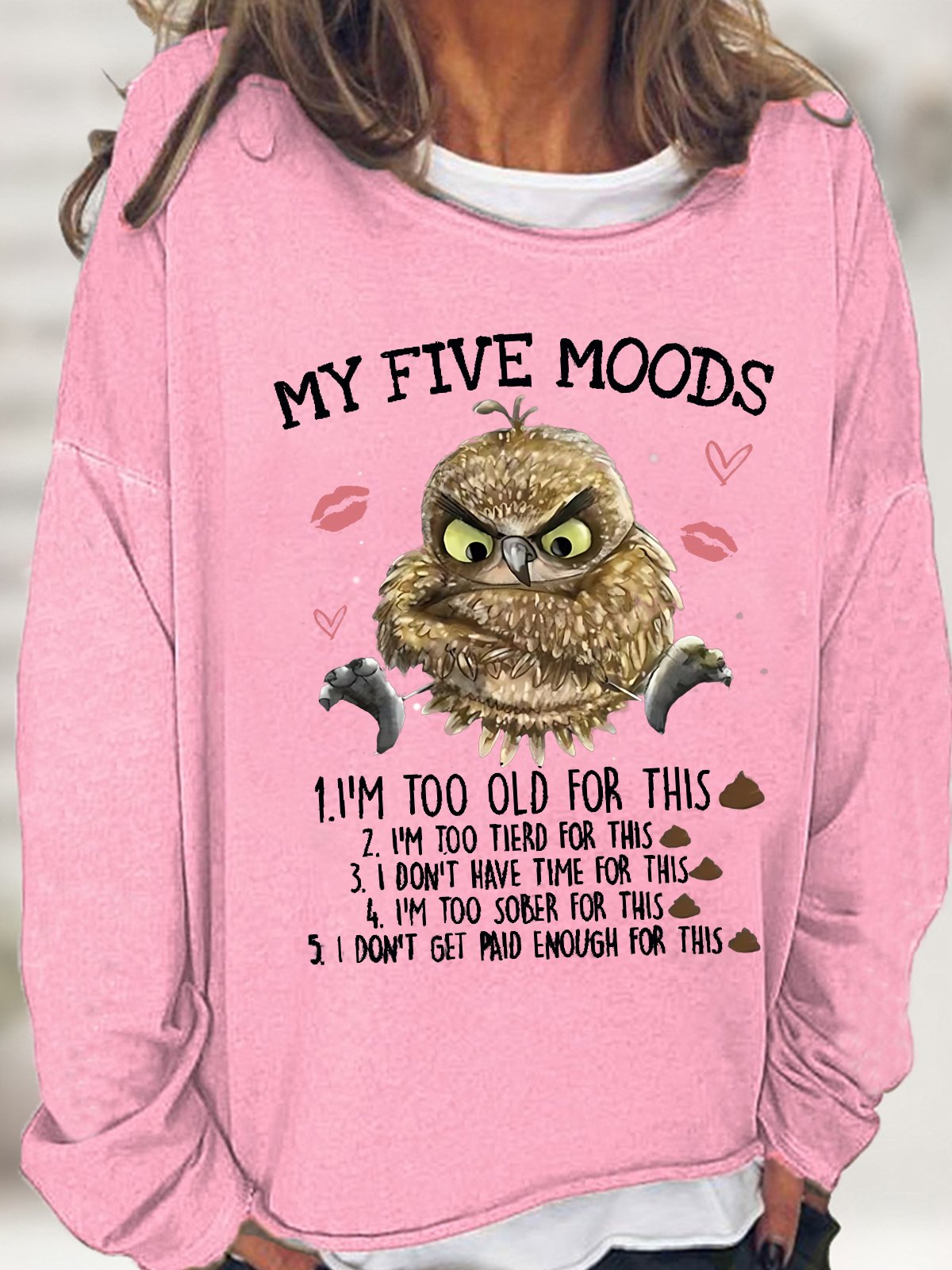 Women's 5 Five Mood Letters Owl Casual Sweatshirt