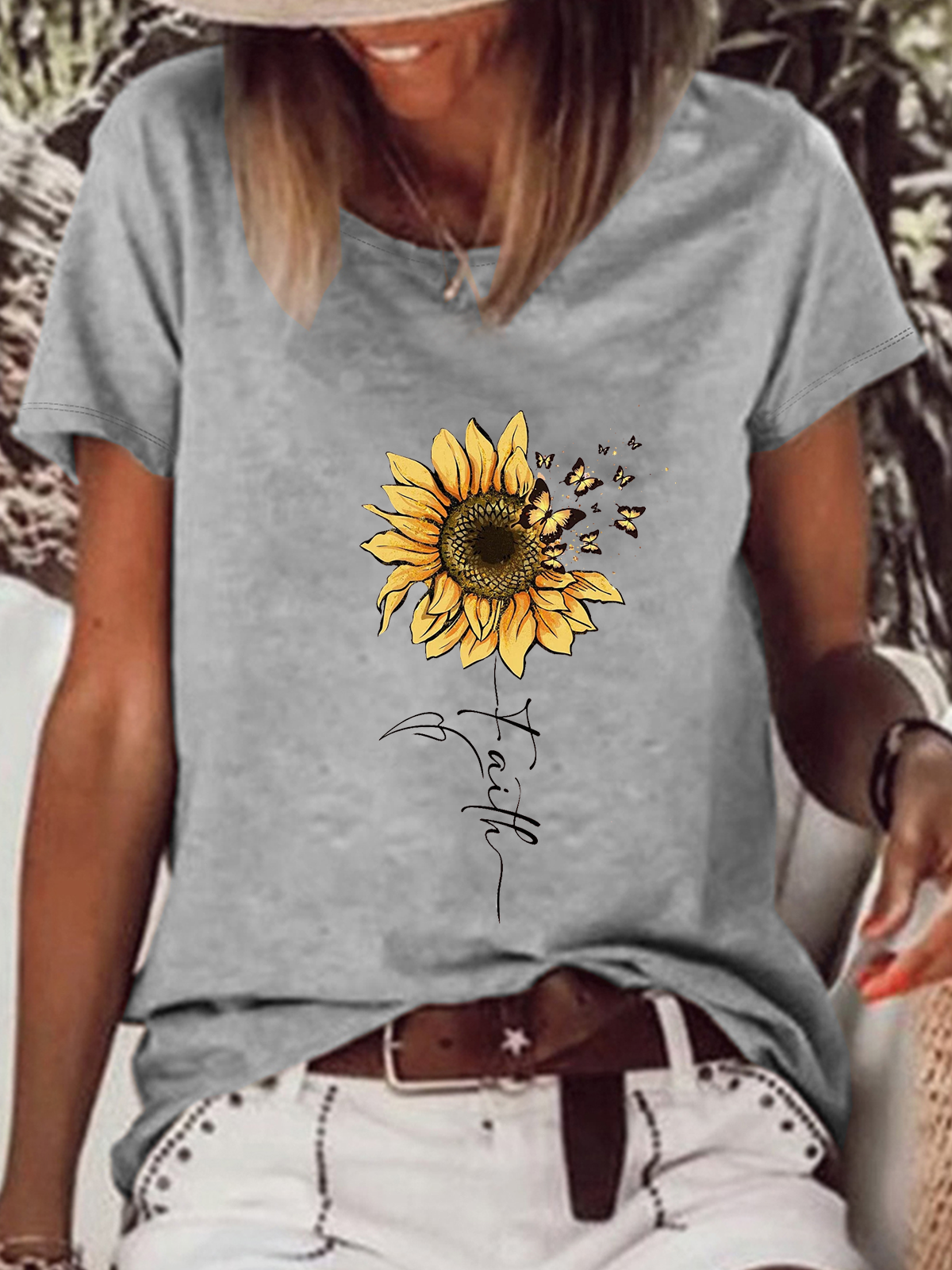 Christian Sunflower Graphic Text Letters Casual T-Shirt
