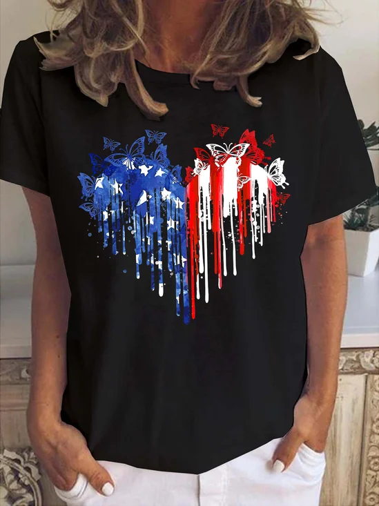 Heart American Flag Print Crew Neck T-shirt