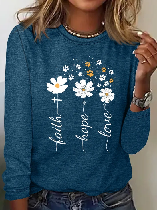 Women's Faith Hope Love Floating Paw Prints Crew Neck Casual Top