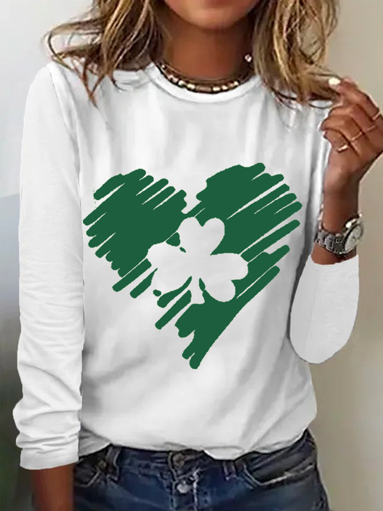 Women's St Patrick's Day Cotton-Blend Simple Four-Leaf Clover Shirt