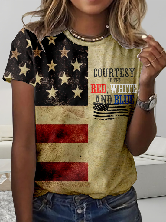 Women's Courtesy Of The Red White And Blue Printed Casual Crew Neck Flag Regular Fit T-Shirt