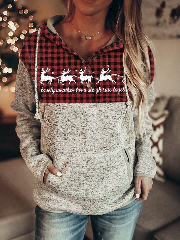 Women's Christmas Deer Check Print Hoodie & Sweatshirt | lilicloth